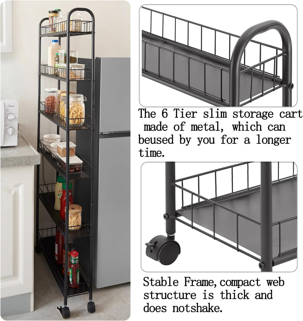 6 Tier 10in Slim Rolling Storage Cart with Handle, Mobile Shelving Unit with Wheels, Metal Wire Storage Rack with Baskets for Kitchen Bathroom Office Laundry Narrow Piaces