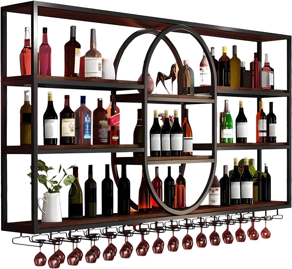 Large Wall Mount Wine Rack, Metal 4 Tier Large Capacity Hanging Bar Rack with Wine Glass Holder, Oval Wine Bottle Storage Display Rack for Kitchen, Living Room, Home (H, 71in)
