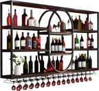 Large Wall Mount Wine Rack, Metal 4 Tier Large Capacity Hanging Bar Rack with Wine Glass Holder, Oval Wine Bottle Storage Display Rack for Kitchen, Living Room, Home (H, 71in)