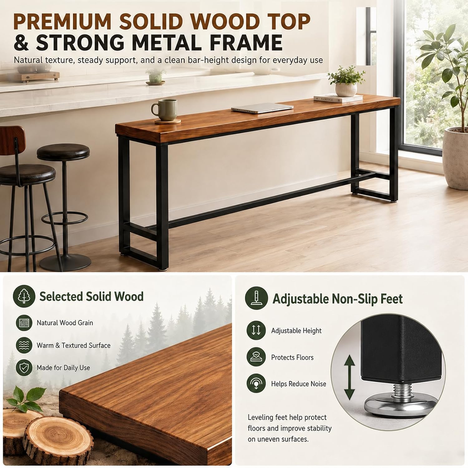 86.6" Solid Wood Bar Height Table - Long Narrow High Top Pub Table with 2" Thick Pine Top & Metal Legs, Farmhouse Counter Height for Kitchen, Breakfast Nook, Coffee Shop, No Stool
