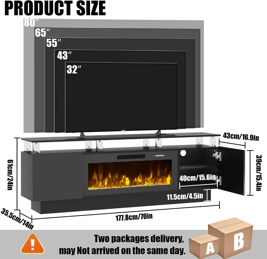 PRETZI 70" Modern Fireplace TV Stand with 36" Electric Fireplace for TVs Up to 80 inch, Luxury LED Light Entertainment Center with High Gloss Cabinet (Black, 70" (8 Acrylic Posts))