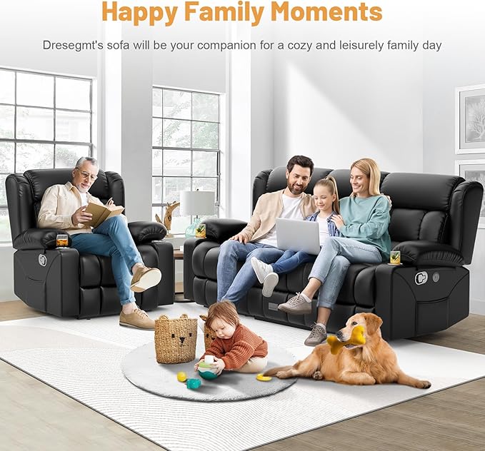 Loveseat Recliner Sofa Set, Flip Middle Backrest Design PU Leather 3 Seater Reclining Sofa and Single Oversized Recliner Chair, Manual Couches for Living Room (Black, PU 3+1)