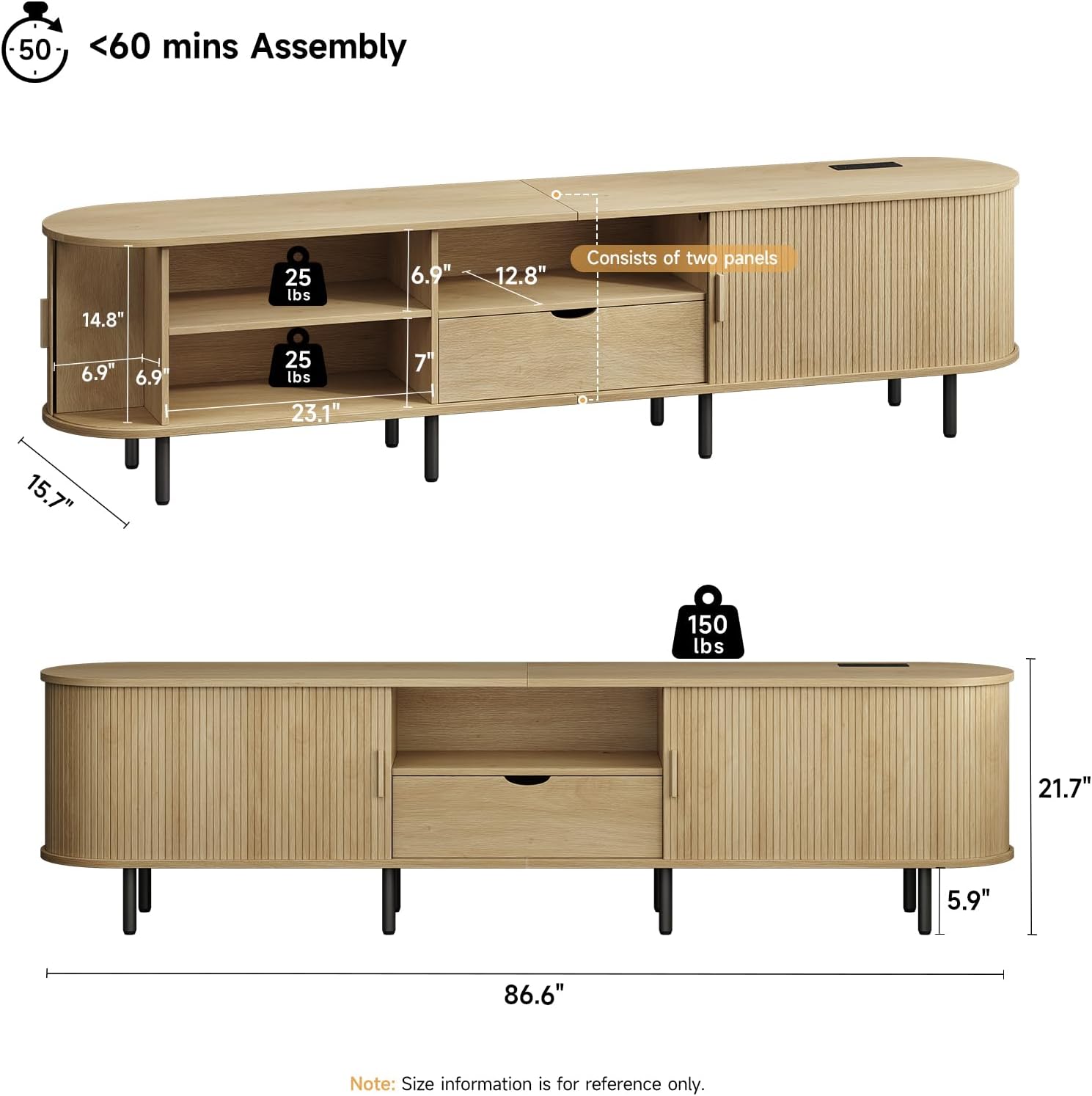 86.6" TV Stand with Power Outlet for TVs up to 90", Entertainment Center with Storage and Drawer, TV Console with Adjustable Shelves and Sliding Door, TV Stand for Living Room, Bedroom, Oak