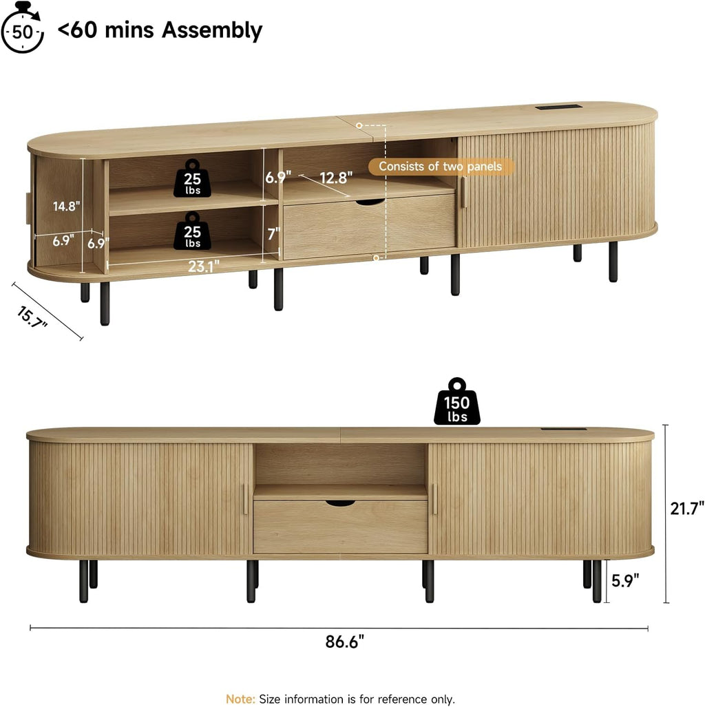 86.6" TV Stand with Power Outlet for TVs up to 90", Entertainment Center with Storage and Drawer, TV Console with Adjustable Shelves and Sliding Door, TV Stand for Living Room, Bedroom, Oak