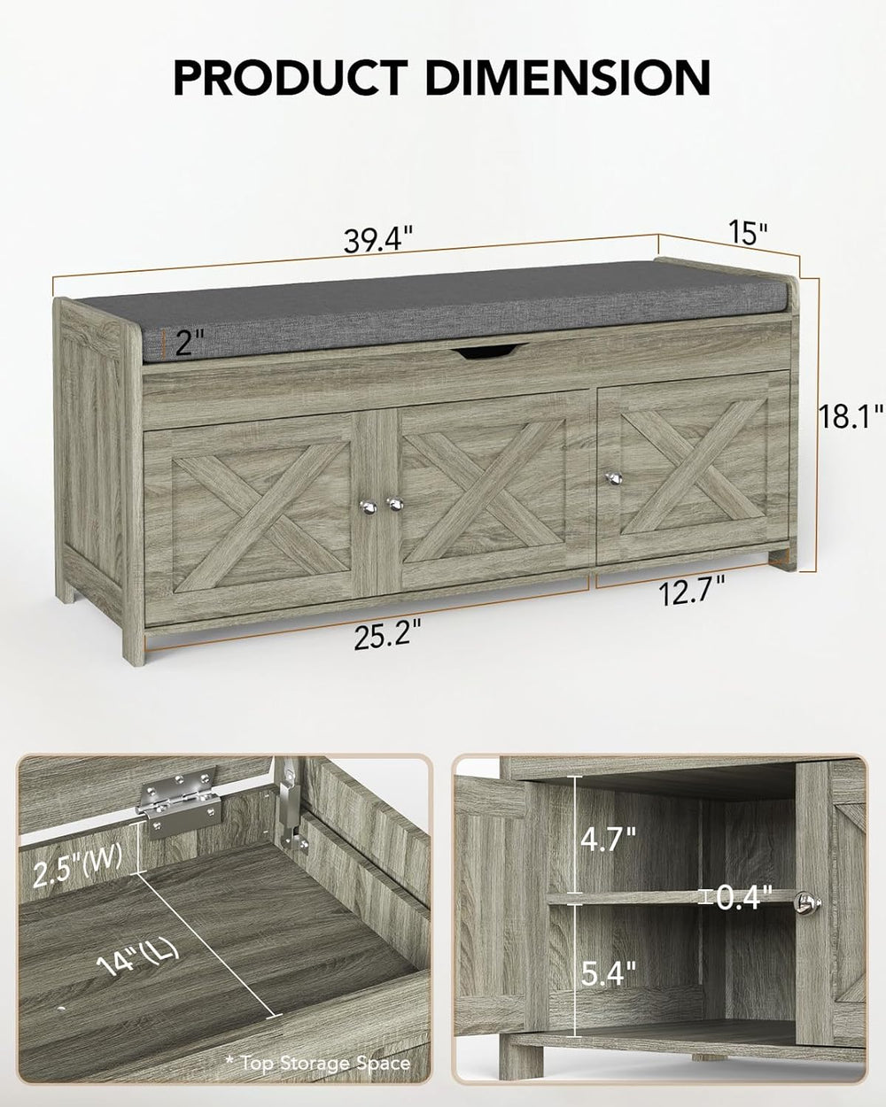 Amada Farmhouse Shoe Storage Bench with Cushion, 3 Doors & Lift-Top Stora...