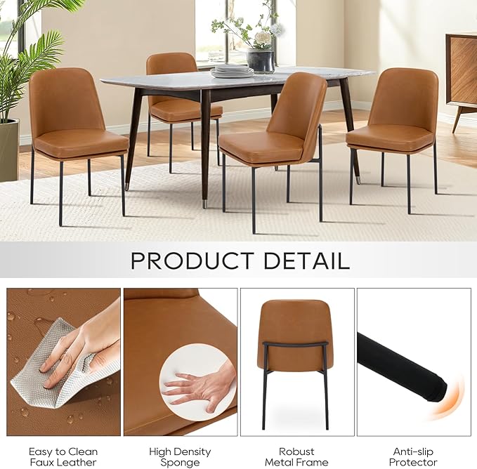 COLAMY Dining Chairs Set of 2, Modern Dining Chair, Leather Upholstered Dining Chairs, Kitchen Chairs with Curved Back and Metal Legs for Dining Room Kitchen Restaurant, Brown