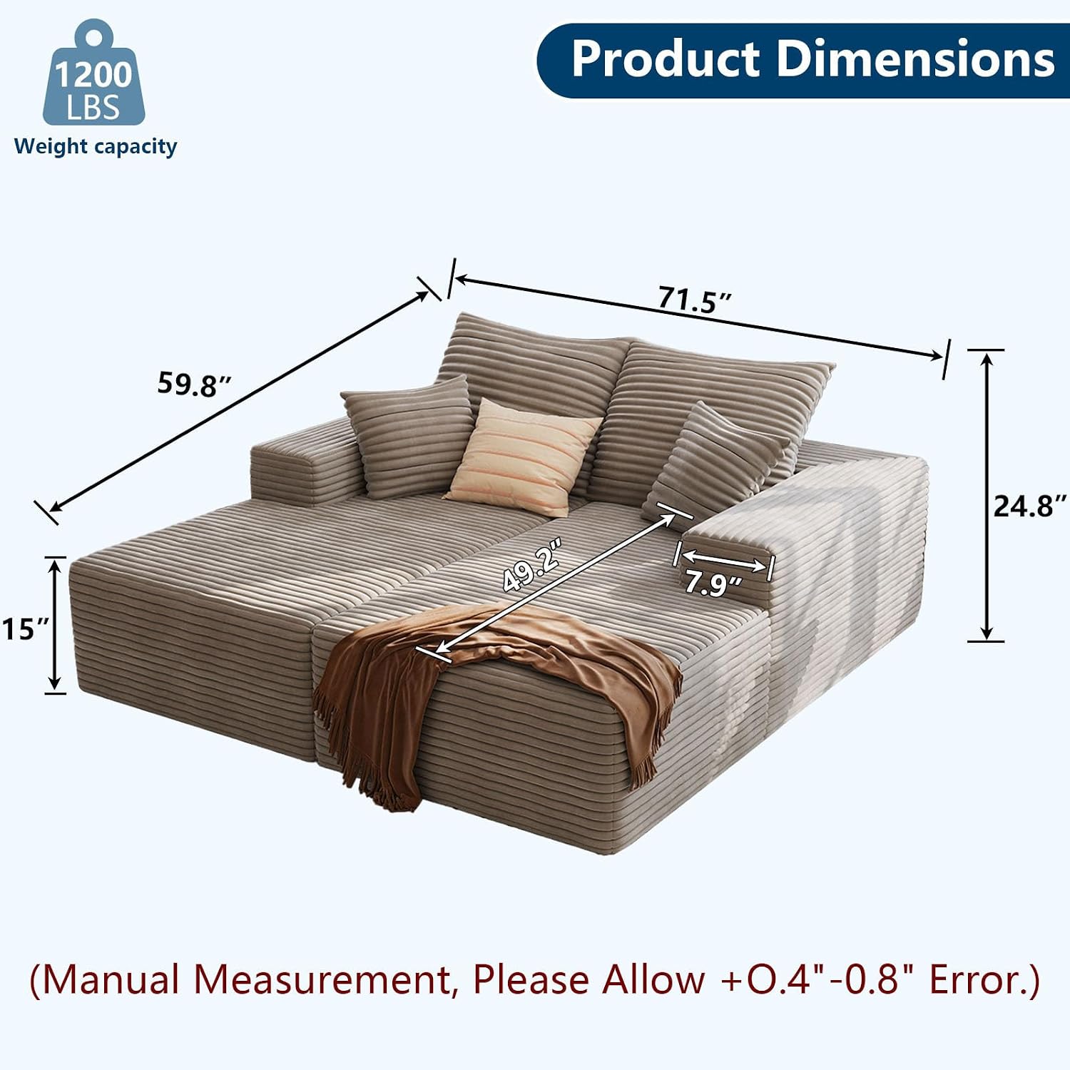 72" Oversized Double Chaise Lounges Indoor, Upholstered Corduroy Oversized Chaise Lounge Chair, Modern Sleeper Loveseat Chair Boneless Cloud Couch for Living Room Bedroom Reading (Camel)