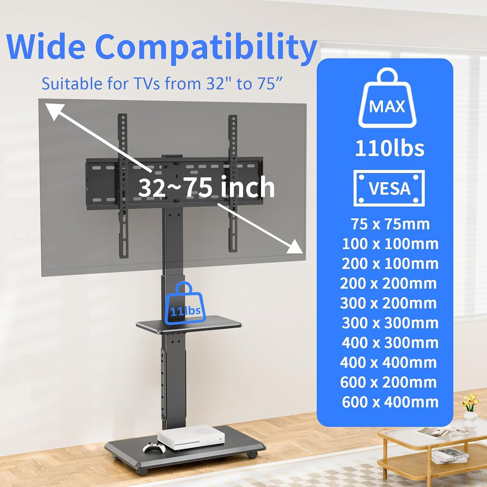 Afaloona Rolling TV Stand with Power Outlet for 32-75" TV, Max Load 110 ...