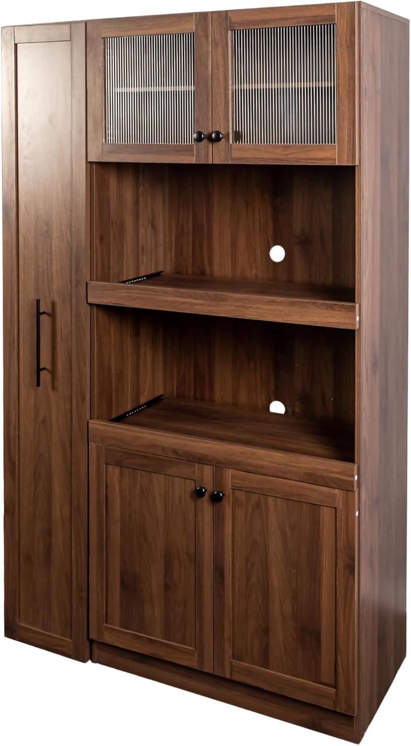 Farmhouse Kitchen Pantry Cabinet with Pull-Out Shelves, 4-Door Storage Organi...