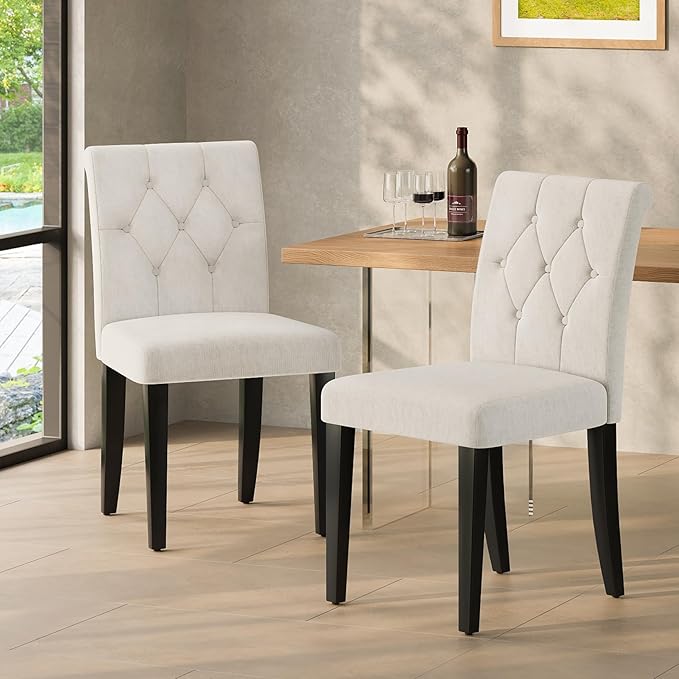 Upholstered Dining Chairs Set of 4, 19 Inches Wide Button Tufted Parsons Dining Chair with Solid Wood Legs, Modern Fabric Side Chair for Dining Room/Kitchen/Restaurant/Hotel- White Wider
