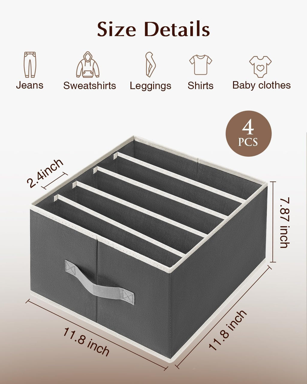 Clothes Organizers and Storage - Fabric Jeans Organizer with Handles, Foldable Drawer Dividers for Clothes, Closet Shelf Organizer for Shirts, Bra, Sweater, Scarf, 4 Pack, Dark Grey