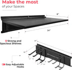 TIDYME Heavy-Duty Garage Wall Storage System | Wall Mounted Tool Organizer Rack with Shelving | 12-Piece Mounting Kit | 6x10” Double-Layered Hooks & 2x24” Floating Utility Shelves
