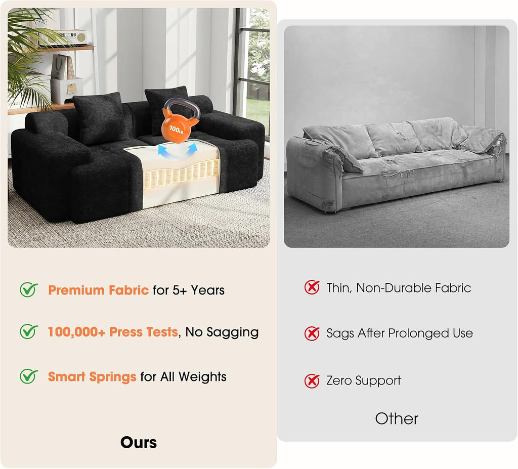84" Modular Boneless Sofa Bed, Loveseat Couch with Ottomans, Black | Sectional Modular Couch, 15.4" Wider Armrest, 12" Thick Back, 2 Free Pillows, Non-Slip Base, Boneless Sofas for Living Room