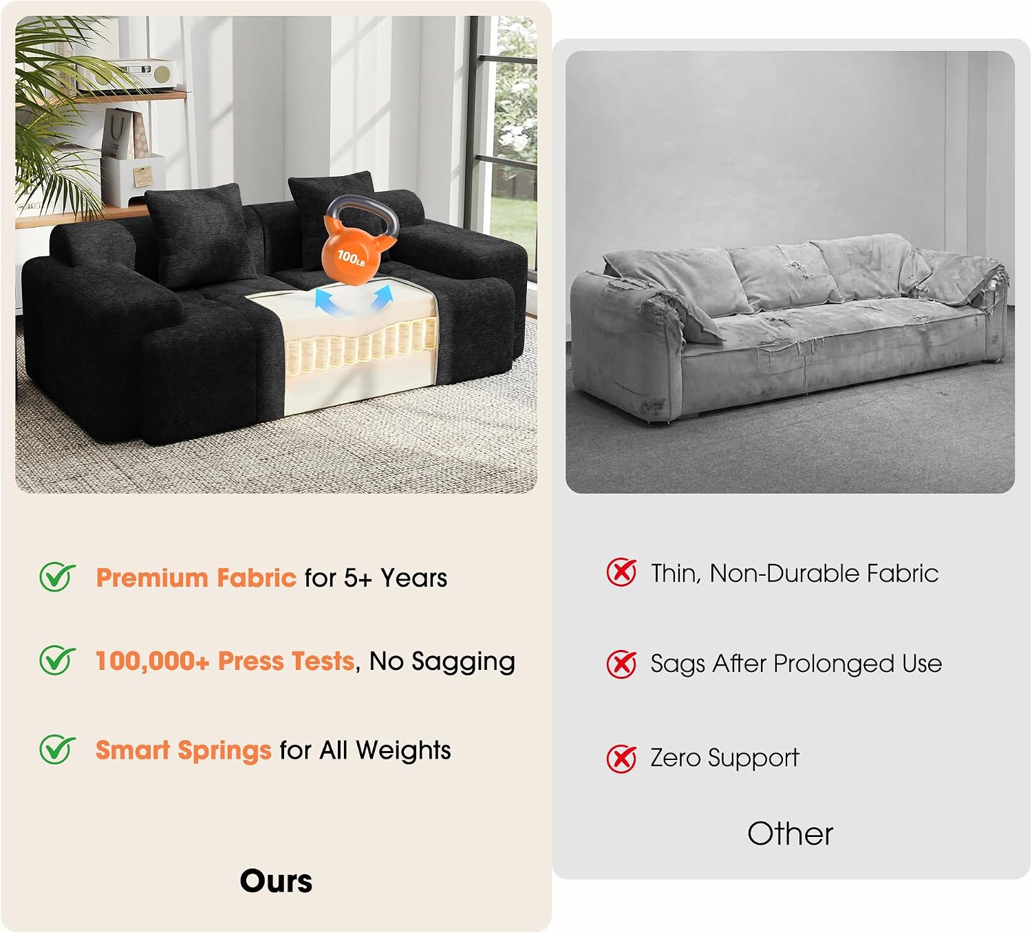 84" Modular Boneless Sofa Bed, Loveseat Couch with Ottomans, Black | Sectional Modular Couch, 15.4" Wider Armrest, 12" Thick Back, 2 Free Pillows, Non-Slip Base, Boneless Sofas for Living Room