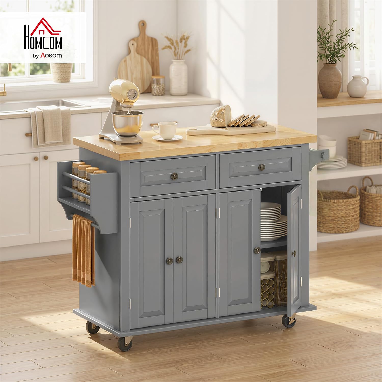 HOMCOM Kitchen Island Cart with Solid Wood Top 44" Mobile Gray | Kitchen Island Table, on Wheels, Storage Cabinets, 2 Drawers, Adjustable Shelves, Spice Rack & Towel Bar, for Dining Room