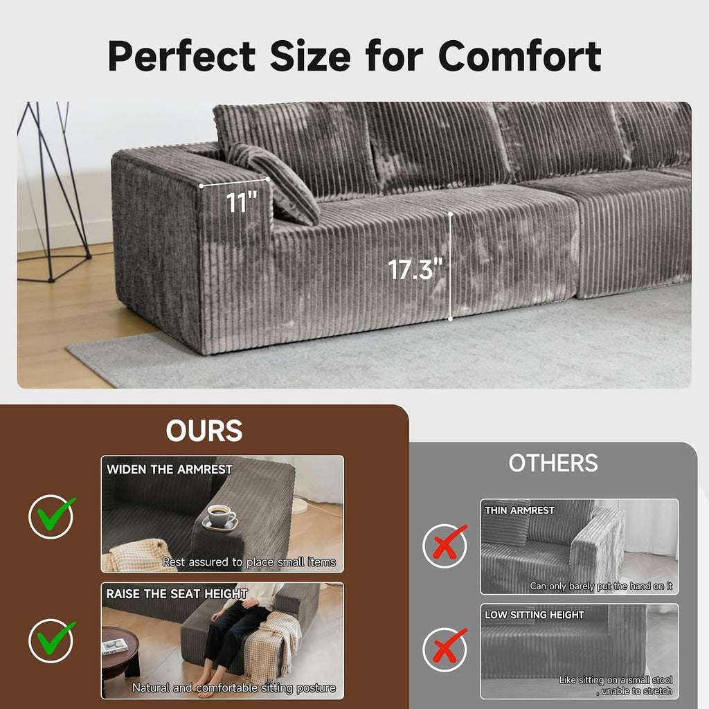 Upgrade 138’’ L Shape Cloud Couch, Plush Corduroy Sectional Sofa with Chaise, Boneless Couches for Living Room Bedroom, No Assembly Required (Khaki, 138'' Right Facing Chaise)