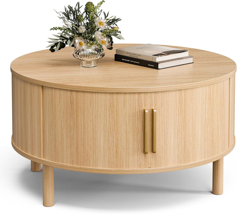 ZttRiee Round Coffee Table with Sliding Doors, Modern, Natural
