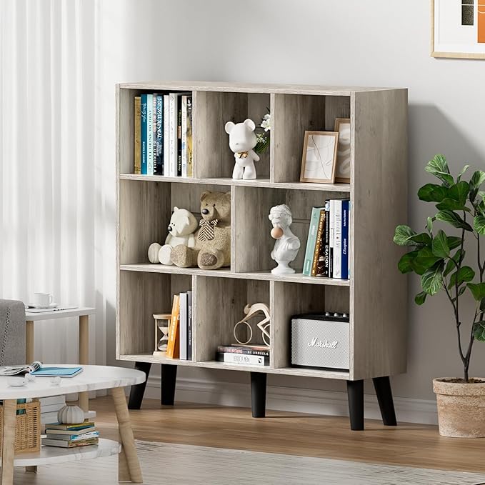 LEYAOYAO 8 Cube Bookshelf, 3 Tier Modern Bookcase with Legs, Mid-Century Modern Wood Book Shelves Storage, Retro Grey Book Case, Freestanding Organizer Display Shelf for Bedroom,Living Room,Office
