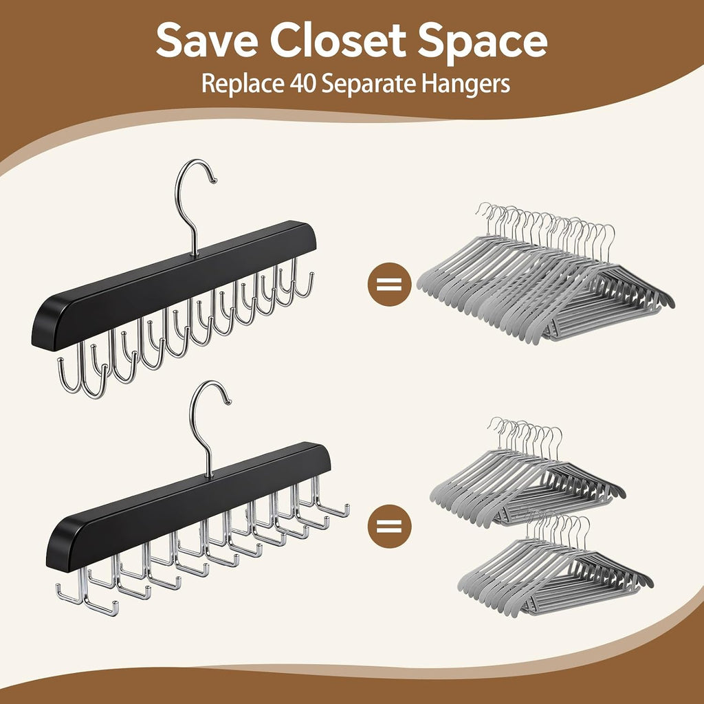 2 Pack Tie Rack and Belt Hanger 40 Hooks 360 Swivel Foldable Wooden Closet Rod Organizer Space Saving for Ties Belts Hats Bras Tank Tops Black