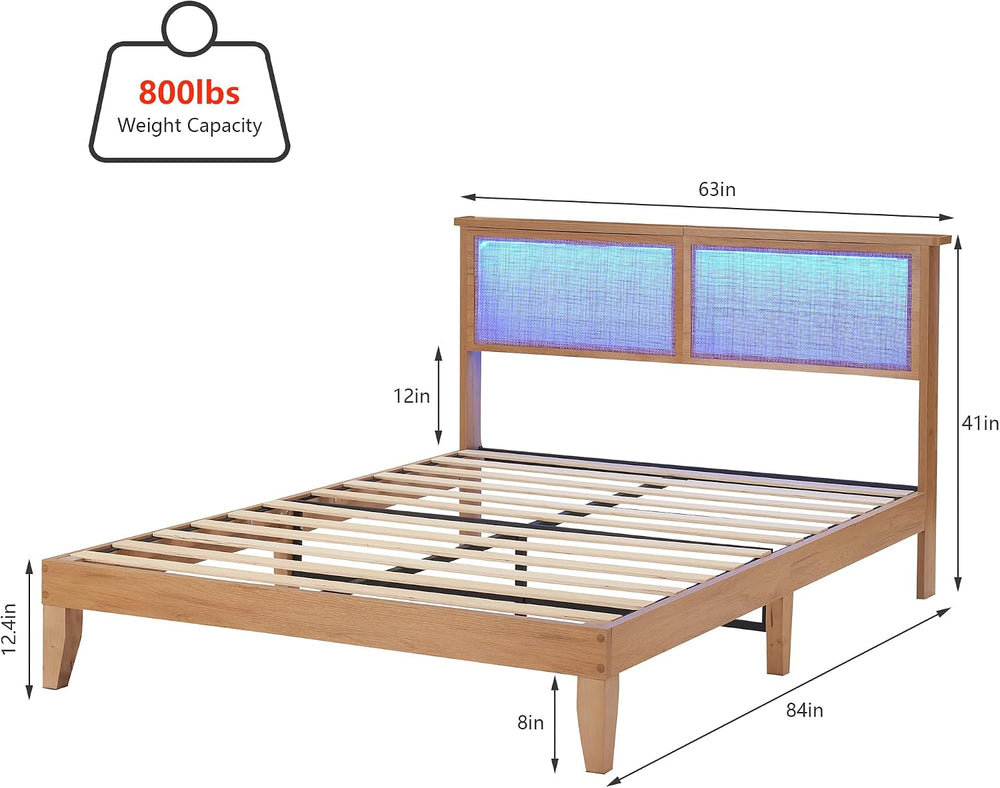 IDEALHOUSE Queen Size Rattan LED Platform Bed, Natural