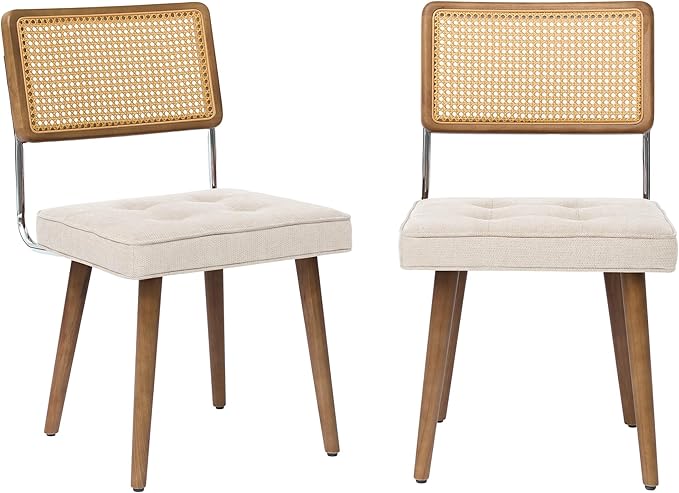 GarveeHome Natural Rattan Dining Chairs Set of 2, Linen Upholstered Kitchen Chairs with Tall Cane Backrest and Strong Wood Legs for Dining Room, Kitchen, Restaurant, Beige