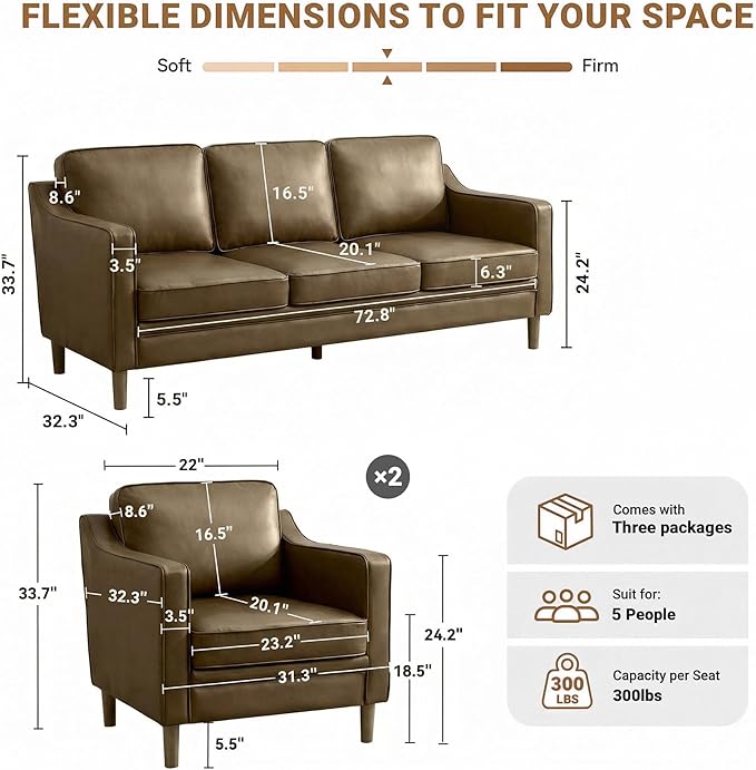 Kingfun Living Room Furniture Sets, 3 Seater Couch and 2 Armchair, Mid Century Modern Sofa Set, Faux Leather Couch with Solid Wood Frame for Living Room & Bedroom, Olive Green