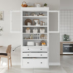 Merax Kitchen Pantry Cabinet, 78” White Wooden Pantries Storage Cabinet with Glass Doors and 2 Adjustable Shelves, Power Outlet Cupboard with Drop-Down Surface and 3 Drawers for Living Dining Room