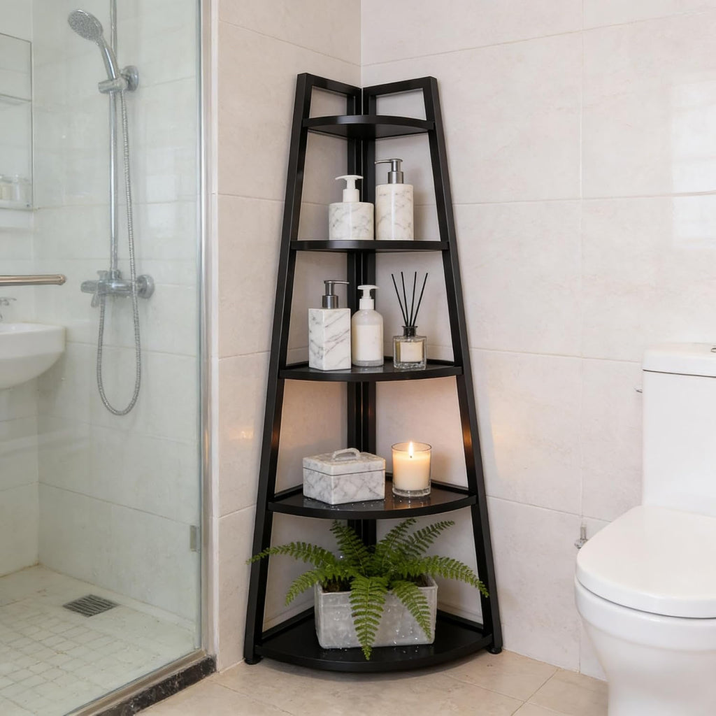 BIGTO Tall Ladder Display Shelf 16.55"*15"*69.3", Black Metal Corner 5-Tier Bookshelf Home Furniture