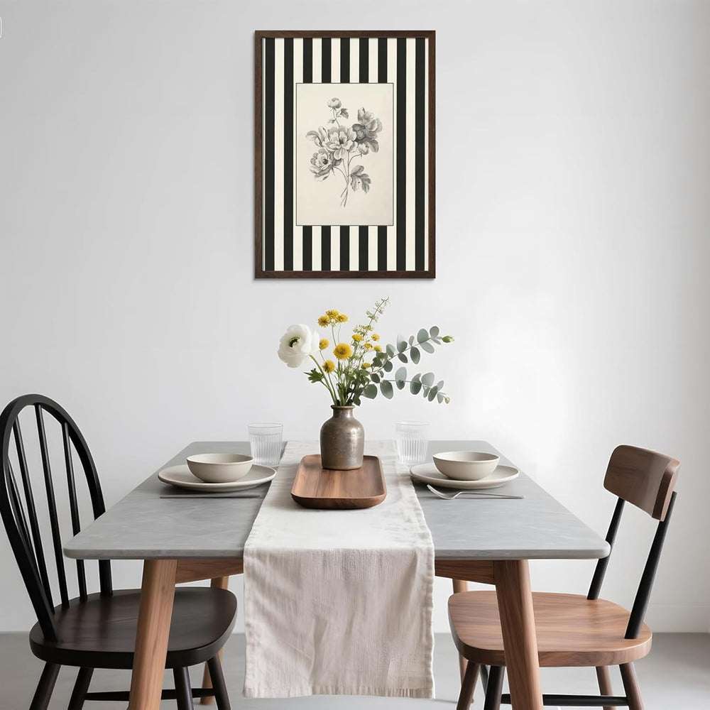 Framed Black and White Striped Wall Art Vintage Flower Pictures 16x24 In