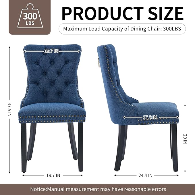 Blue Dining Chairs Set of 2, Upholstered Tufted Linen Fabric Dining Room Chairs with High Back, Nailhead Trim and Black Solid Wood Legs, Modern Dining Chair for Dining Room, Kitchen(Blue)