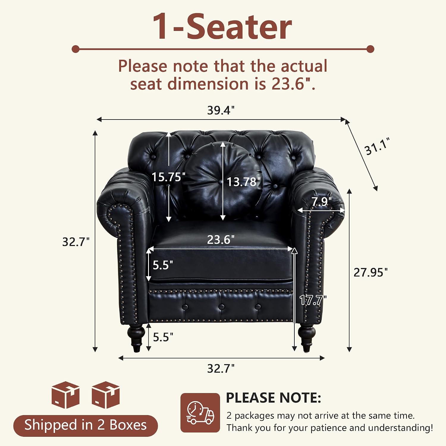 Chesterfield Chair, High Back Modern Faux Leather Couch with Button Tufted, Nailhead Trim, Rolled Arms, Extra Round Cushion – Classic Couch for Living Room, Lounge, or Office, Black