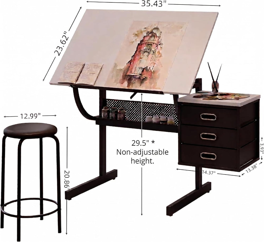 White Adjustable Drafting Table with Stool & 3 Drawers, Tilting Art Desk ...