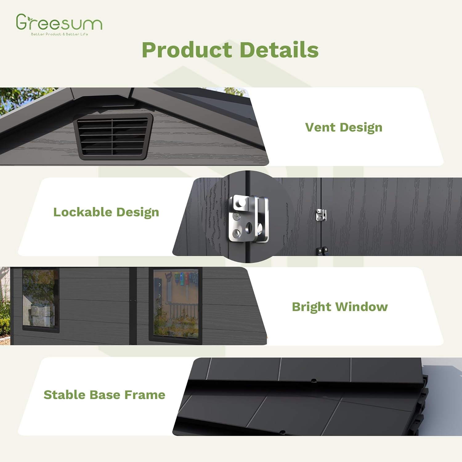 Greesum 6×8FT Plastic Outdoor Storage Shed with Floor, Resin Storaged Sheds with Lockable Double Door, Windows & Vents, All-Weather Tool Sheds for Garden, Backyard, Patio, Dark Gray