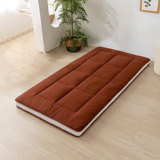 MAXYOYO Futon Mattress, Japanese Floor Mattress Quilted Bed Mattress Topper, Extra Thick Mattress Folding Sleeping Pad Breathable Floor Lounger Guest Bed for Camping, Coffee, Twin