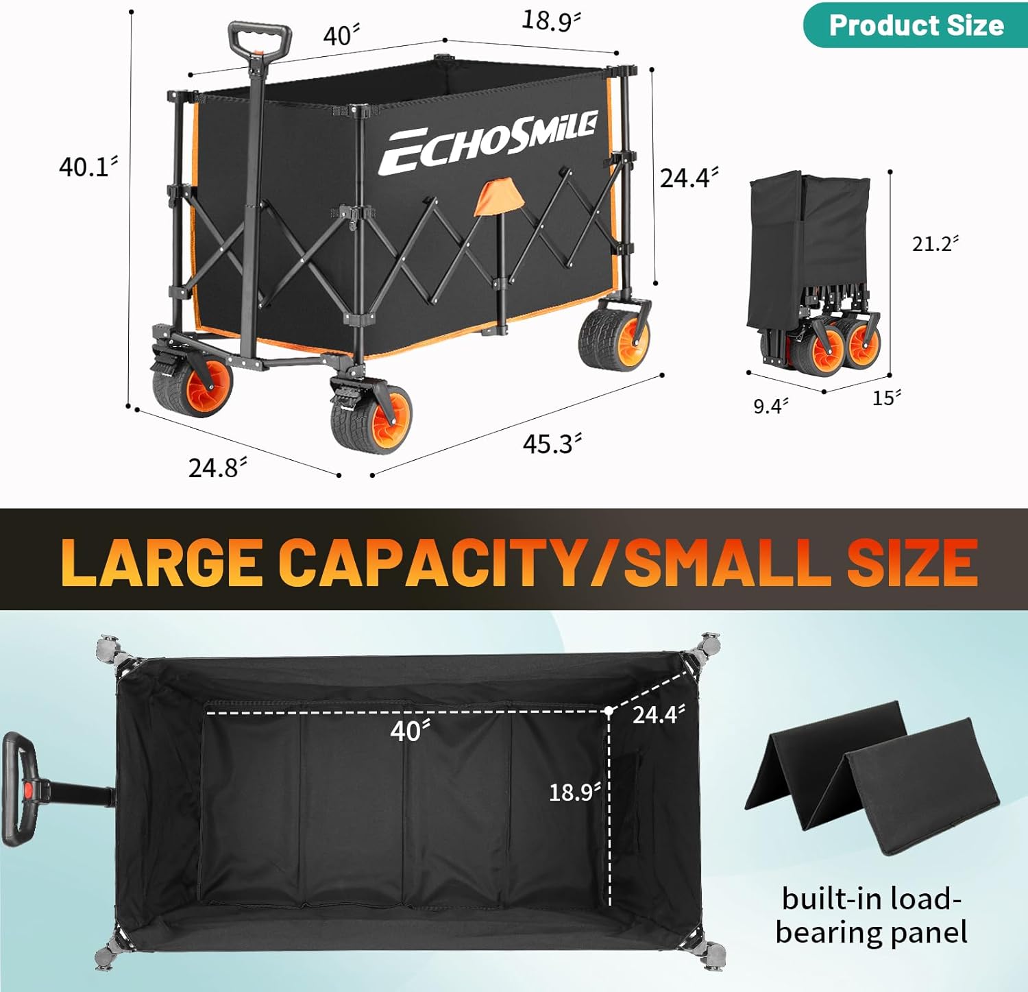 EchoSmile Collapsible Foldable Extended Wagon with 500lbs Weight Capacity, 300L Folding Utility Wagon Cart with Big All-Terrain Wheels for Beach,Sport,Gargen&Grocery,Black & Orange