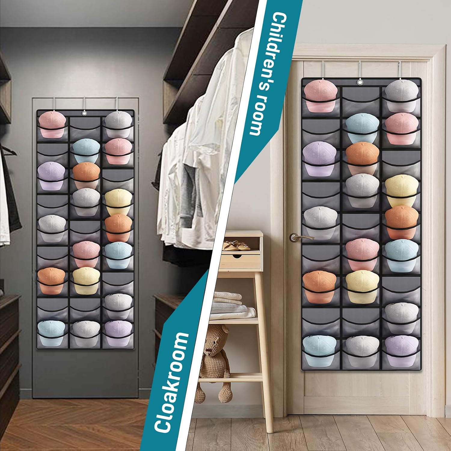 Hat Organizer Over Door Baseball Caps Holder 27 Pocket Storage Rack Grey | 27 Clear Deep Pockets, 3 Hooks, over-Door Hanging Design, for Baseball Caps, Closet Wall and Door Storage