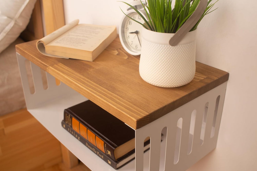 Floating Nightstand with White Metal Base, Wooden Top and Sturdy Metal Base, ...