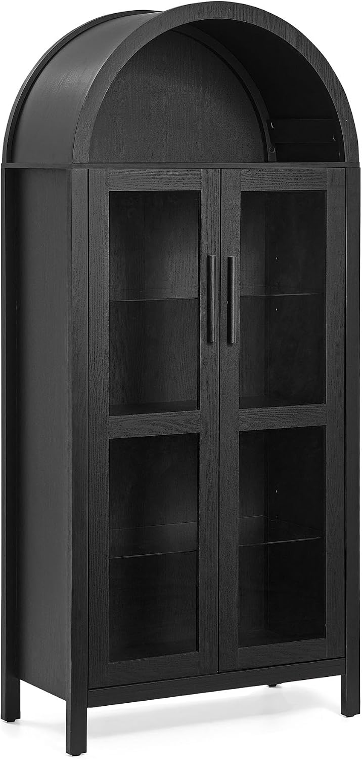 Tall Arched Cabinet with Doors, Black Arch Bookcase Shelves Led Lights, Woode...