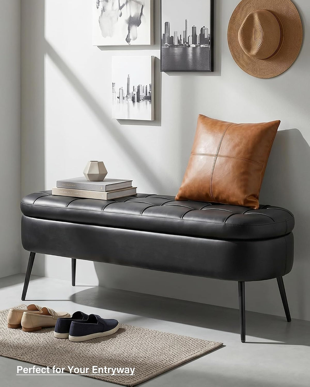 Storage Ottoman Bench, 43.7" PU Leather End of Bed Bench Black | Bench w...