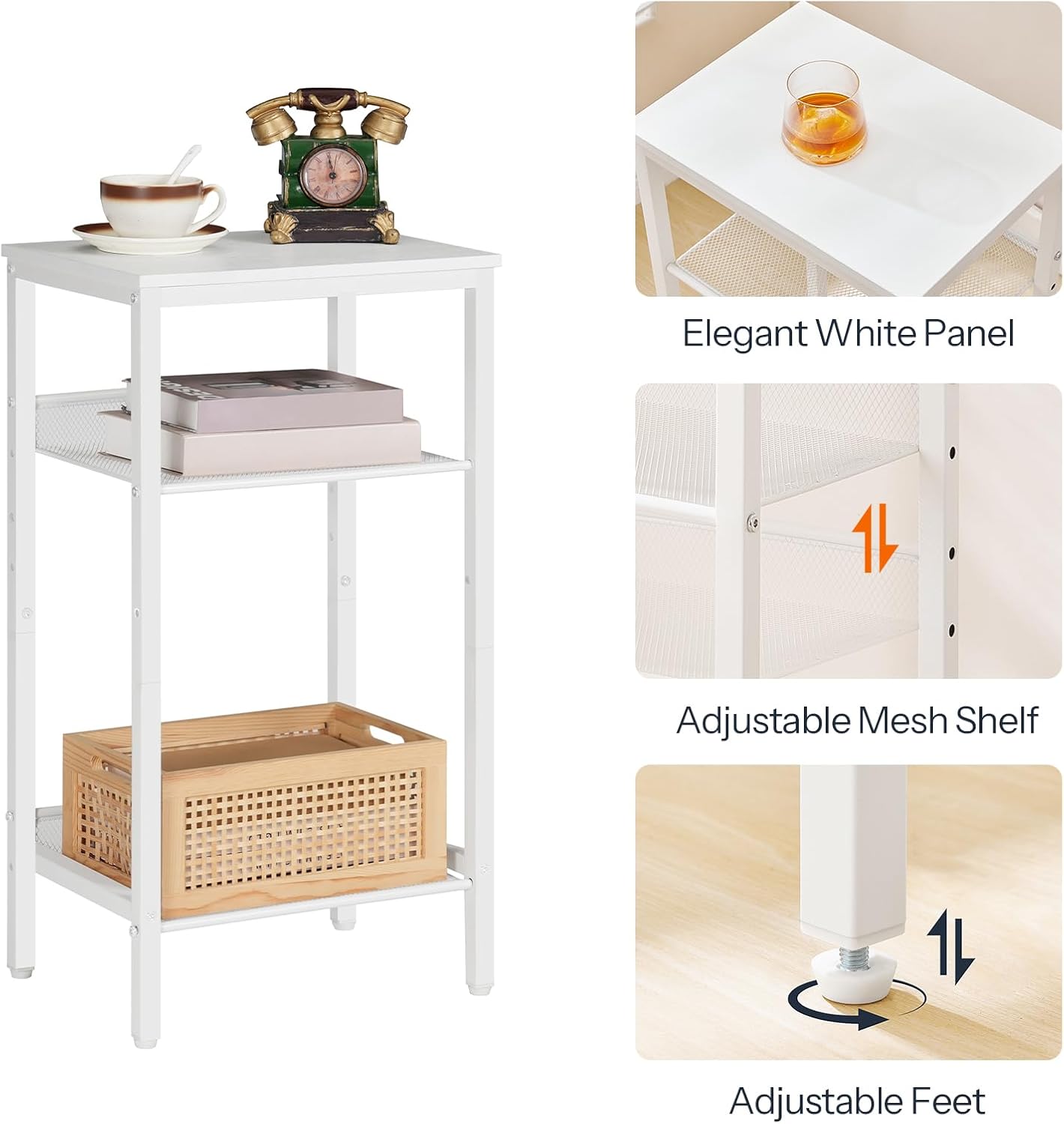 HOOBRO Tall Side Table, 3-Tier Telephone End Table with Adjustable Mesh Shelves, Small Entryway Table with Storage, Small Nightstand for Living Room, Bedroom, Hallway, Office, White WW01DH01G1