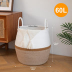 OIAHOMY 60L Blanket Basket with Handle, Storage Basket for Living Room, Laundry Hamper for Clothes, Towels, Pillows, Toy Storage for Kids and Dogs, Baby Hamper for Nursery - Brown & White
