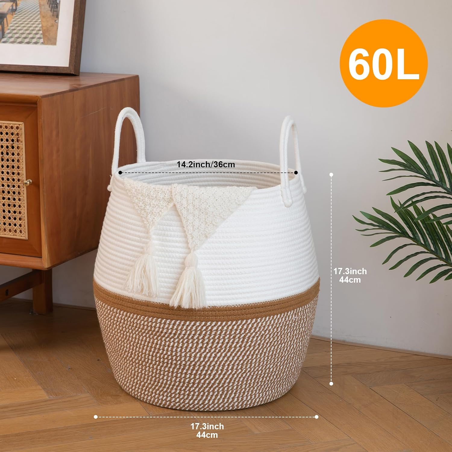 OIAHOMY 60L Blanket Basket with Handle, Storage Basket for Living Room, Laundry Hamper for Clothes, Towels, Pillows, Toy Storage for Kids and Dogs, Baby Hamper for Nursery - Brown & White