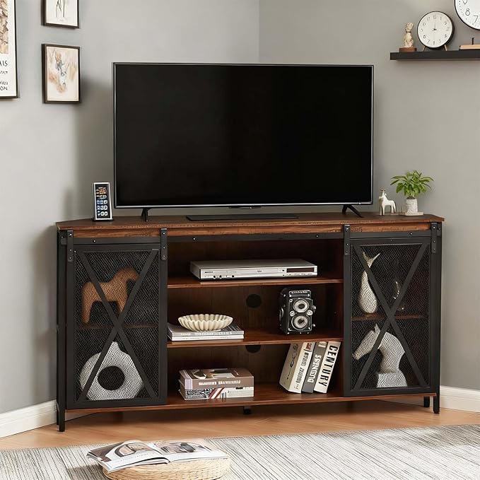 HOMISSUE Corner TV Stand for 55 Inch TV, Rustic Corner Entertainment Center with Storage, Industrial Media Console Table with Sliding Barn Door, Tall TV Cabinets Center for Living Room, Brown