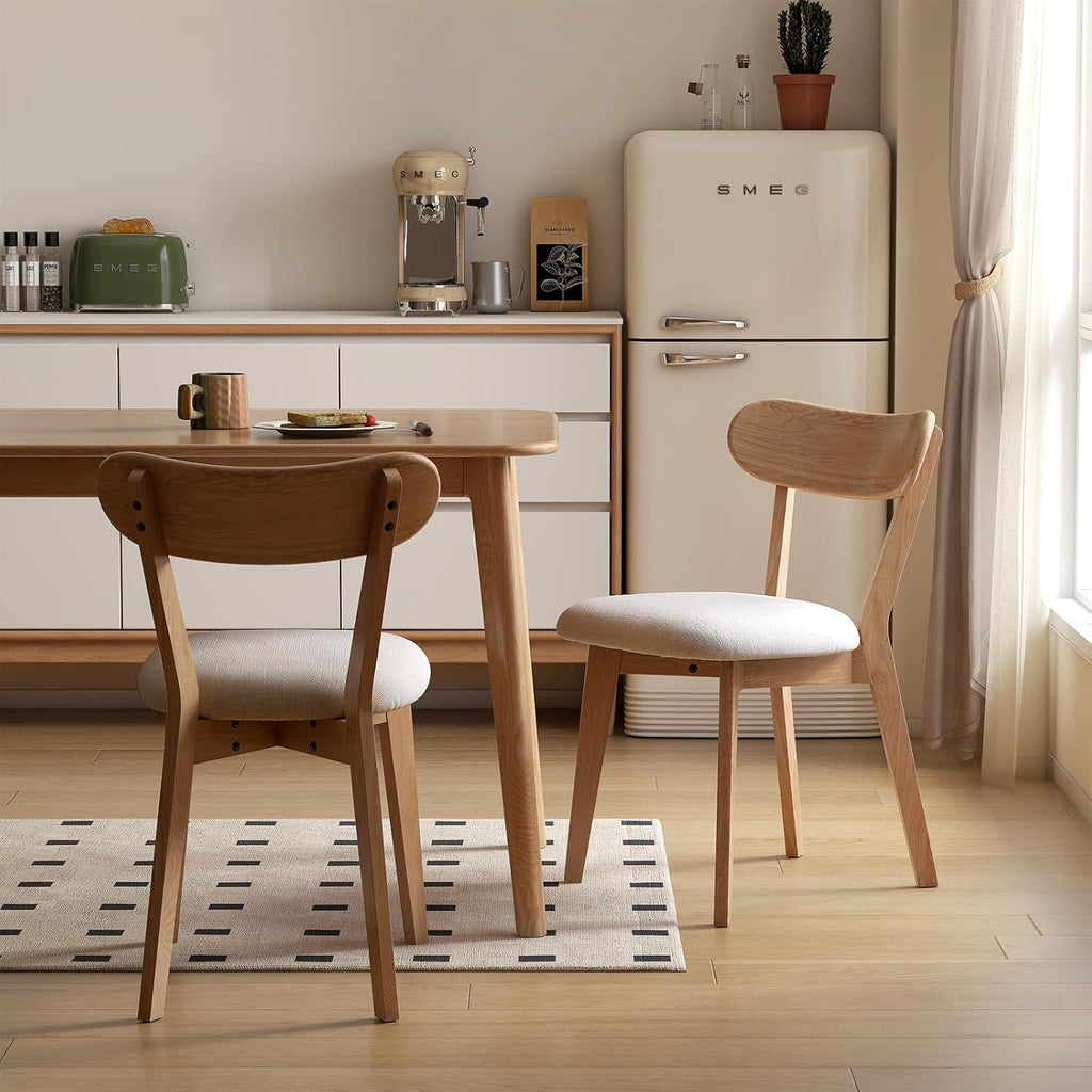 100% Solid Oak Dining Chairs, Mid Century Modern Dining Chair with Curved Backrest, Fabric Upholstered Dining Chairs for Kitchen, Study, Living Room (4, Original Wood-Pear White Cushion)