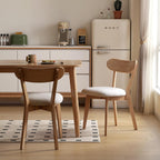 100% Solid Oak Dining Chairs, Mid Century Modern Dining Chair with Curved Backrest, Fabric Upholstered Dining Chairs for Kitchen, Study, Living Room (4, Original Wood-Pear White Cushion)