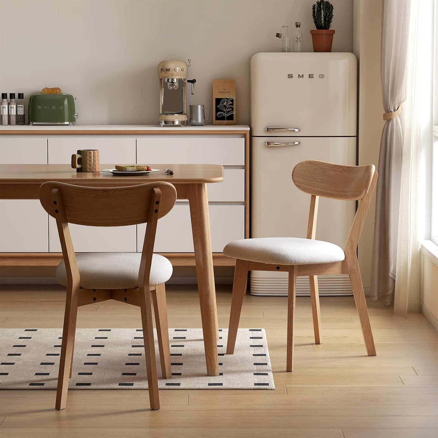 100% Solid Oak Dining Chairs, Mid Century Modern Dining Chair with Curved Backrest, Fabric Upholstered Dining Chairs for Kitchen, Study, Living Room (4, Original Wood-Pear White Cushion)