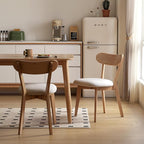 100% Solid Oak Dining Chairs, Mid Century Modern Dining Chair with Curved Backrest, Fabric Upholstered Dining Chairs for Kitchen, Study, Living Room (2, Original Wood-Pear White Cushion)
