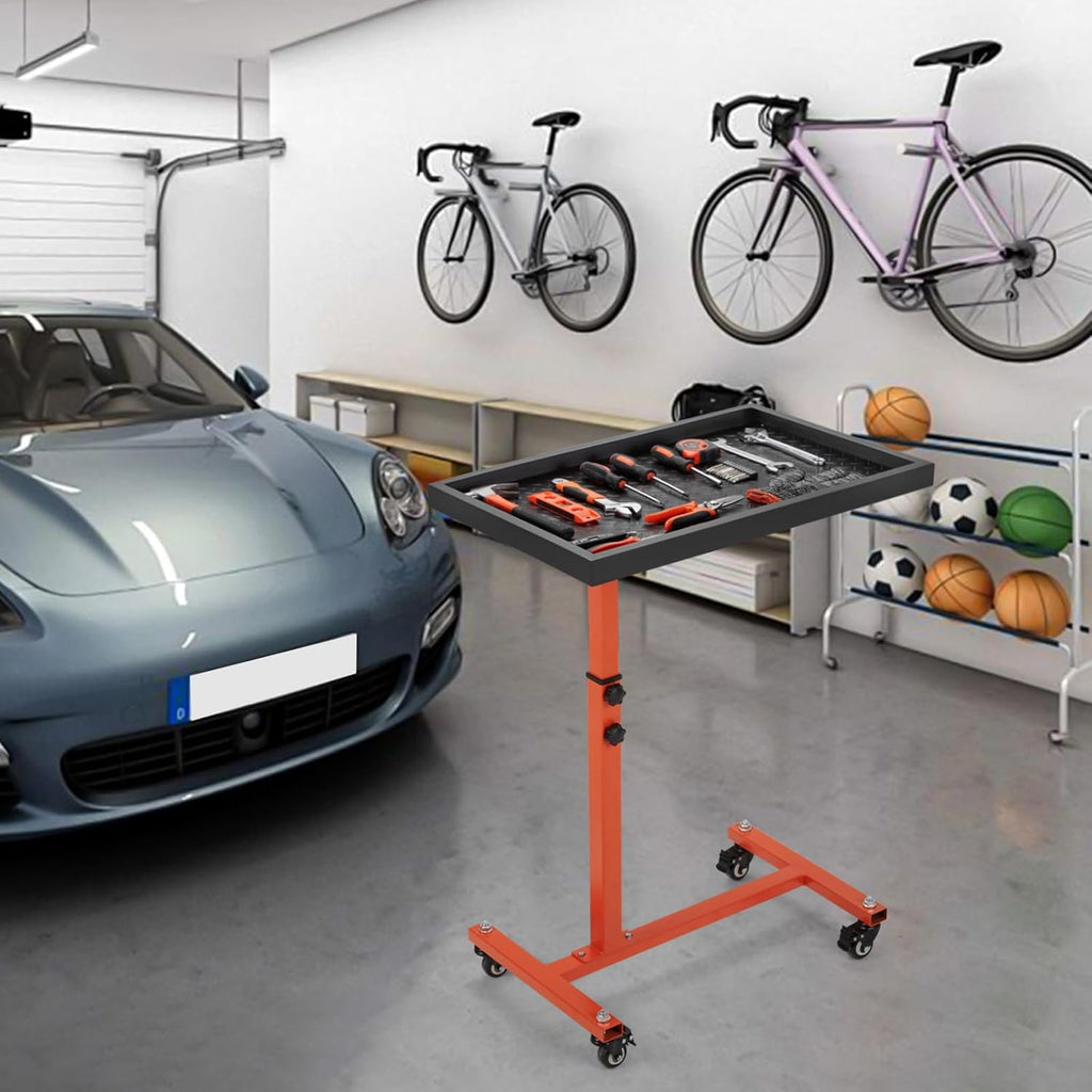 Adjustable Work Table with Wheels, Mechanic Rolling Tool Tray Table for Garage Repair Shops DIY, 220LBS Capacity Mobile Heavy Duty Steel Tool Cart (Orange)
