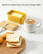 Hasense Ceramic Butter Dish with Sealing Lid, Large Yellow Butter Container for Countertop Airtight Butter Stick Covered Keeper Storage,Embossed Pattern,Easy Clean Dishwasher Safe