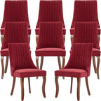 Burgundy Mid Century Dining Chairs Set of 8, Modern Kitchen & Dining Room Chairs Set of 8, Linen Upholstered Kitchen Chairs, Sillas de Comedor, Wood Legs (Wine Red, 8 Pcs)